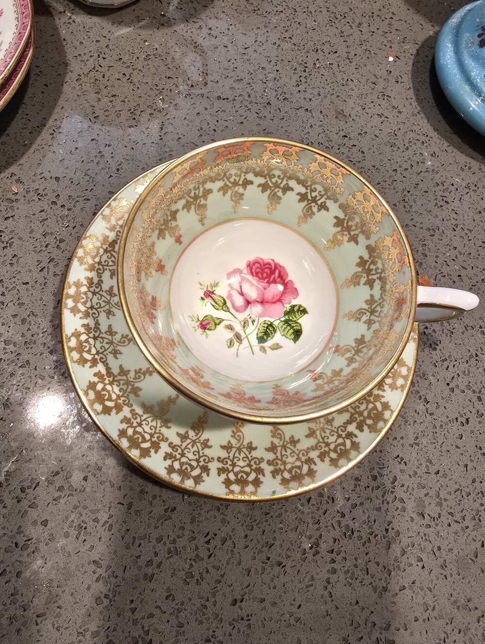 Vintage Floral Gold-Trim Teacup & Saucer - Pink Rose on Mint